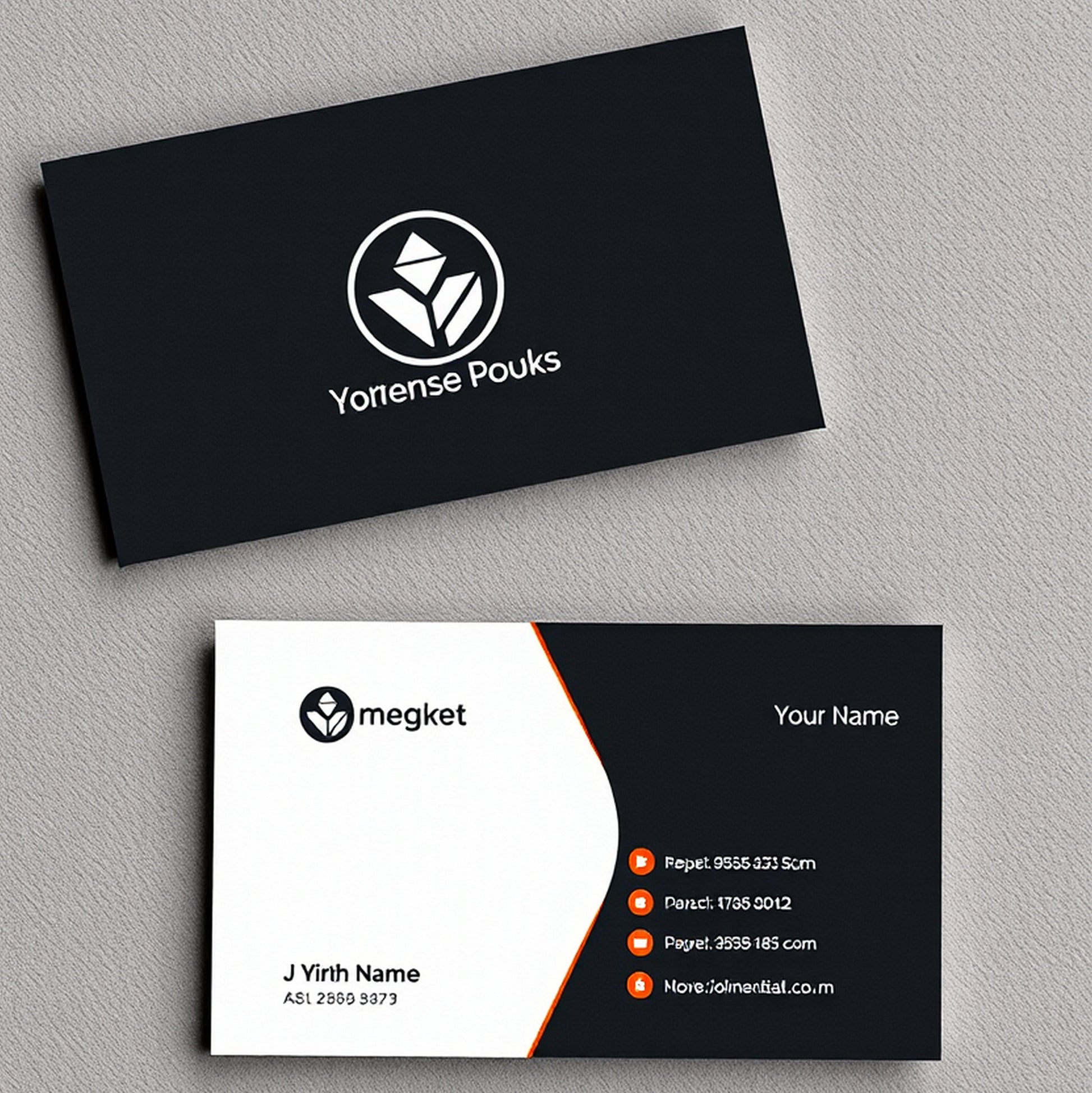 Two business cards on a gray background, one black with a logo and text, the other white with a logo and contact information.