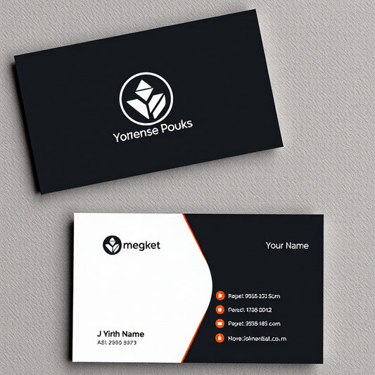 Two business cards on a gray background, one black with a logo and text, the other white with a logo and contact information.